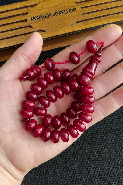 Ebu Sırr İmzalı Helezon Damarlı Sıkma Kehribar Tesbih 11x8 mm Teker Kesim Osmanlı Benzetme Tespih