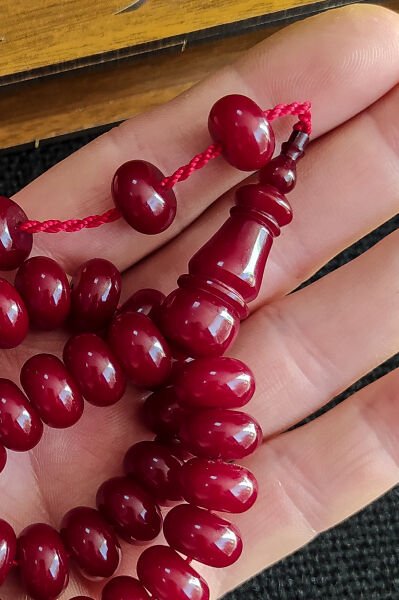 Ebu Sırr İmzalı Helezon Damarlı Sıkma Kehribar Tesbih 11x8 mm Teker Kesim Osmanlı Benzetme Tespih