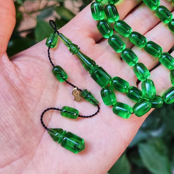 8x11 mm Ali Agiş Usta İşçilikli Su Yeşili Zar Kehribar Tesbih - Şeffaf Delim Tespih