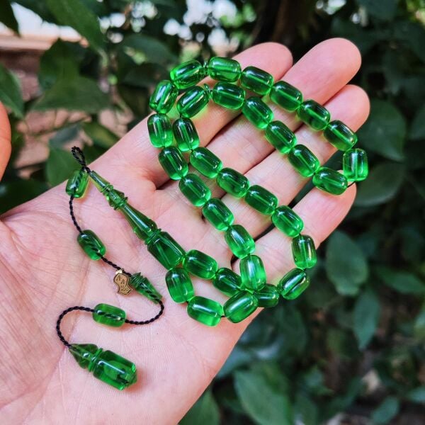 8x11 mm Ali Agiş Usta İşçilikli Su Yeşili Zar Kehribar Tesbih - Şeffaf Delim Tespih
