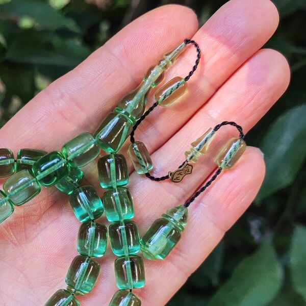 10x9 mm Ali Agiş Usta İşçilikli Su Yeşili Zar Kehribar Tesbih - Şeffaf Delim Tespih