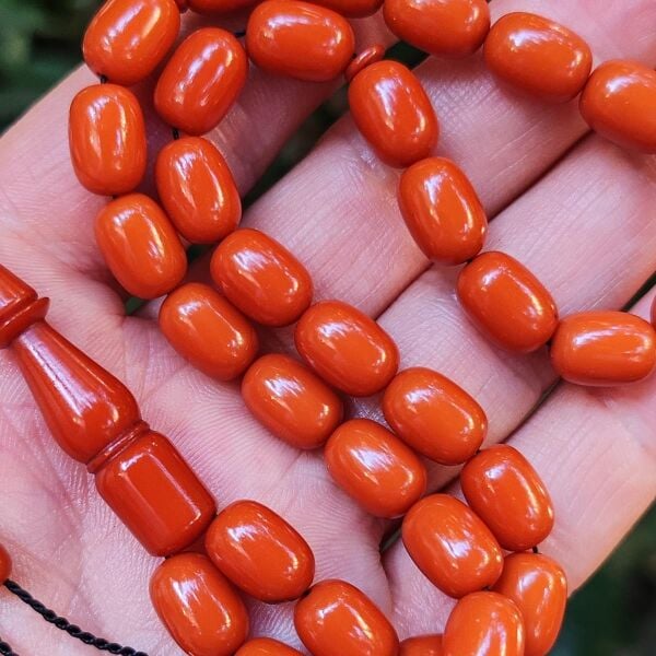 8x11 mm Ali Agiş Usta İşçilikli Bakır Rengi Zar Kehribar Tesbih - Şeffaf Delim Tespih