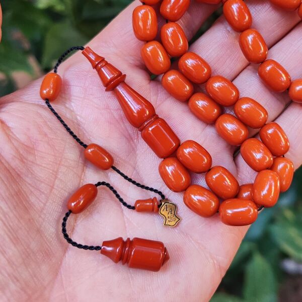 8x11 mm Ali Agiş Usta İşçilikli Bakır Rengi Zar Kehribar Tesbih - Şeffaf Delim Tespih