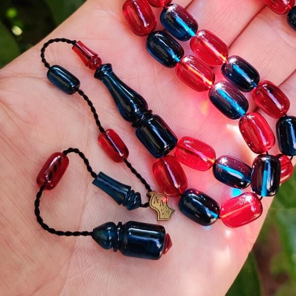 8x11 mm Ali Agiş Usta İşçilikli Bordo Mavi Zar Kehribar Tesbih - Şeffaf Delim Tespih