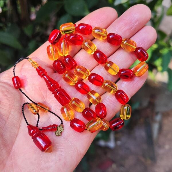 8x11 mm Ali Agiş Usta İşçilikli Sarı Kırmızı Zar Kehribar Tesbih - Şeffaf Delim Tespih