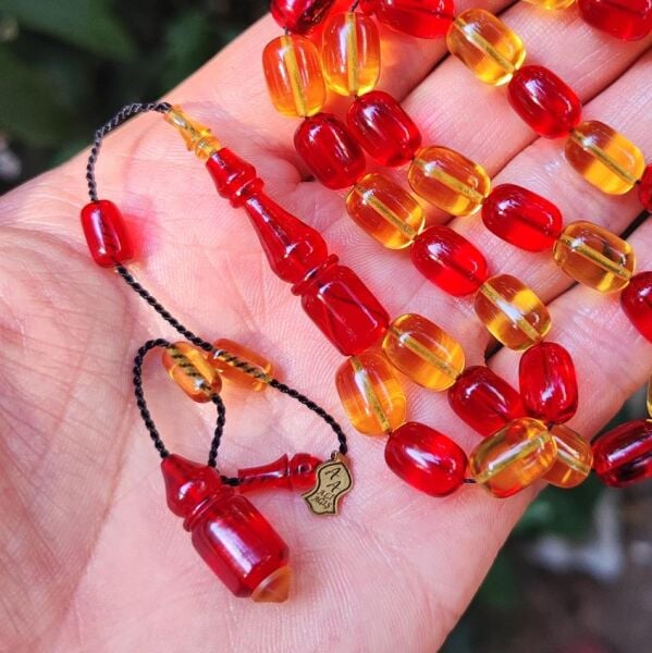 8x11 mm Ali Agiş Usta İşçilikli Sarı Kırmızı Zar Kehribar Tesbih - Şeffaf Delim Tespih