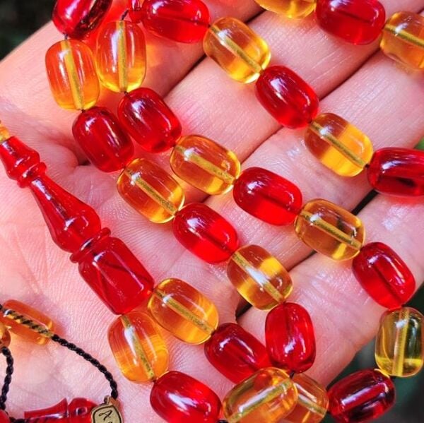 8x11 mm Ali Agiş Usta İşçilikli Sarı Kırmızı Zar Kehribar Tesbih - Şeffaf Delim Tespih