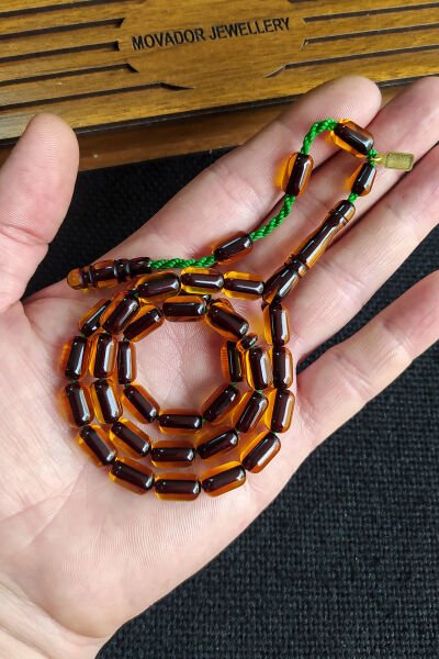 7x11 mm Kapsül Altın Hamur Çubuk Sıkma Kehribar Tesbih Ebu Sırr Usta İmzalı Tespih Ahşap Kutulu