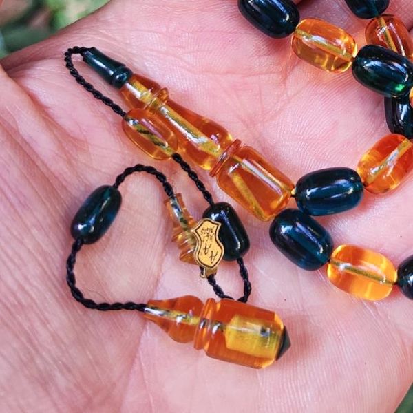 8x11 mm Ali Agiş Usta İşçilikli Sarı Lacivert Zar Kehribar Tesbih - Şeffaf Delim Tespih