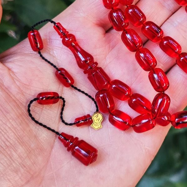 8x11 mm Ali Agiş Usta İşçilikli Kırmızı Zar Kehribar Tesbih - Şeffaf Delim Tespih