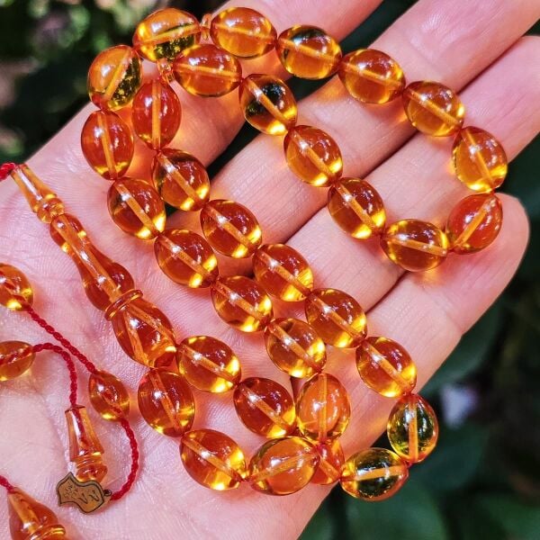 8x11 mm Ali Agiş Usta İşçilikli Altın Rengi Zar Kehribar Tesbih - Şeffaf Delim Tespih