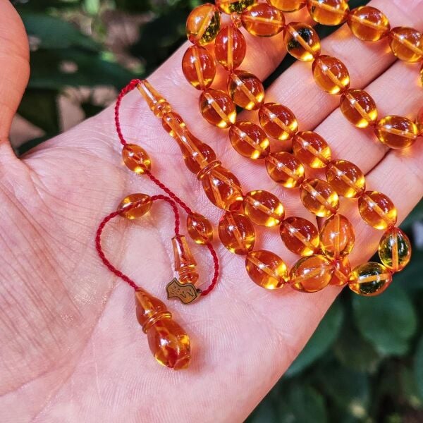 8x11 mm Ali Agiş Usta İşçilikli Altın Rengi Zar Kehribar Tesbih - Şeffaf Delim Tespih