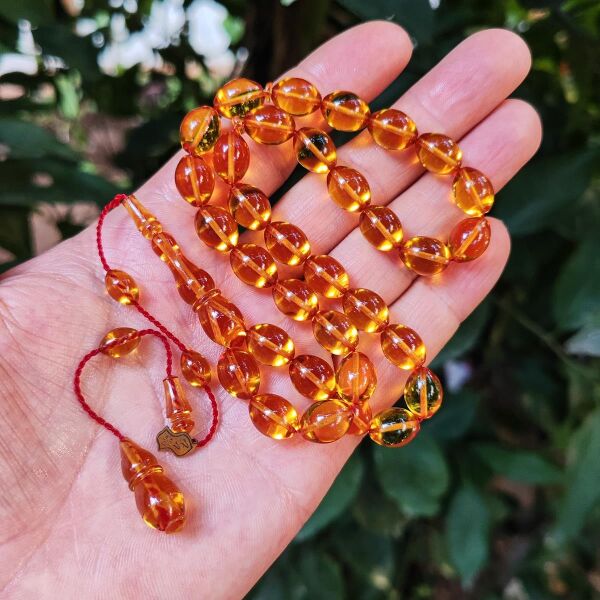 8x11 mm Ali Agiş Usta İşçilikli Altın Rengi Zar Kehribar Tesbih - Şeffaf Delim Tespih