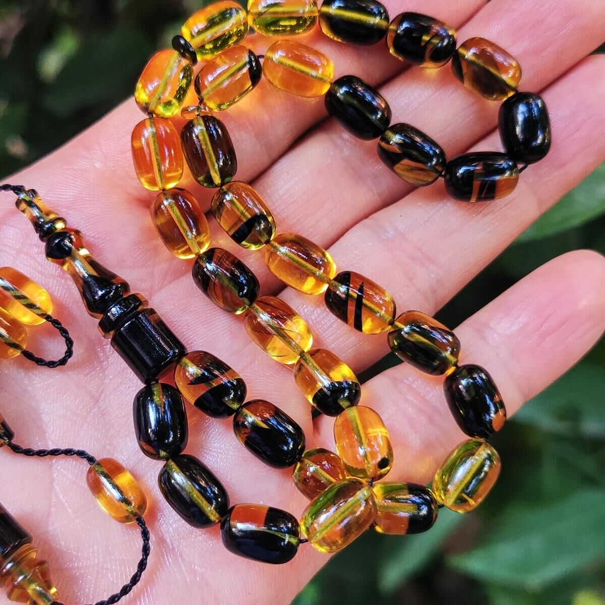8x11 mm Ali Agiş Usta İşçilikli Sarı Siyah Ateşi Kehribar Tesbih - Şeffaf Delim Tespih