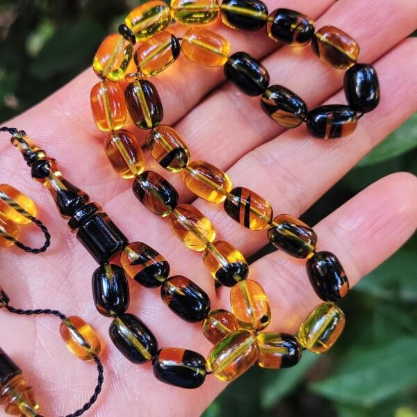 8x11 mm Ali Agiş Usta İşçilikli Sarı Siyah Ateşi Kehribar Tesbih - Şeffaf Delim Tespih