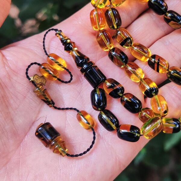 8x11 mm Ali Agiş Usta İşçilikli Sarı Siyah Ateşi Kehribar Tesbih - Şeffaf Delim Tespih