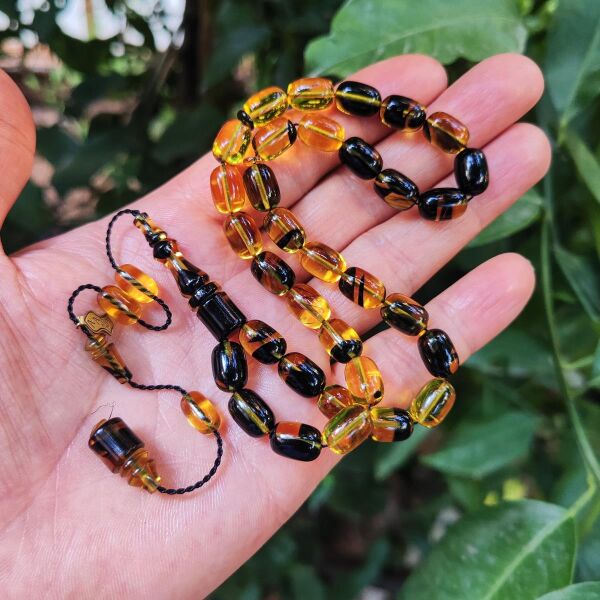 8x11 mm Ali Agiş Usta İşçilikli Sarı Siyah Ateşi Kehribar Tesbih - Şeffaf Delim Tespih