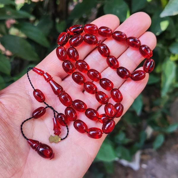 8x11 mm Ali Agiş Usta İşçilikli Vişne Rengi Zar Kehribar Tesbih - Şeffaf Delim Tespih