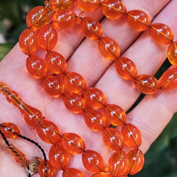 8x11 mm Ali Agiş Usta İşçilikli Yemen Rengi Zar Kehribar Tesbih - Şeffaf Delim Tespih