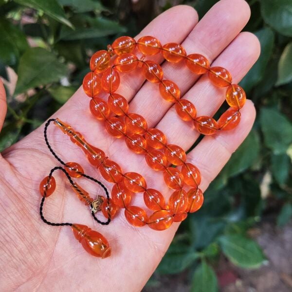 8x11 mm Ali Agiş Usta İşçilikli Yemen Rengi Zar Kehribar Tesbih - Şeffaf Delim Tespih