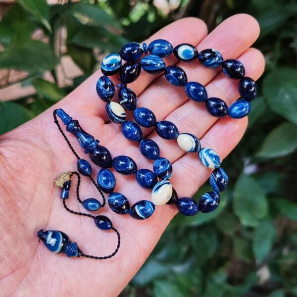 8x11 mm Ali Agiş Usta İşçilikli Mavi Beyaz Sıkma Kehribar Tesbih - Şeffaf Delim Tespih