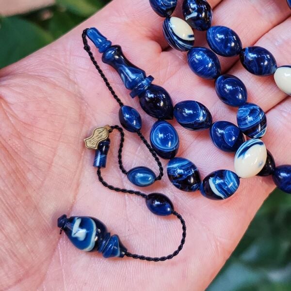 8x11 mm Ali Agiş Usta İşçilikli Mavi Beyaz Sıkma Kehribar Tesbih - Şeffaf Delim Tespih