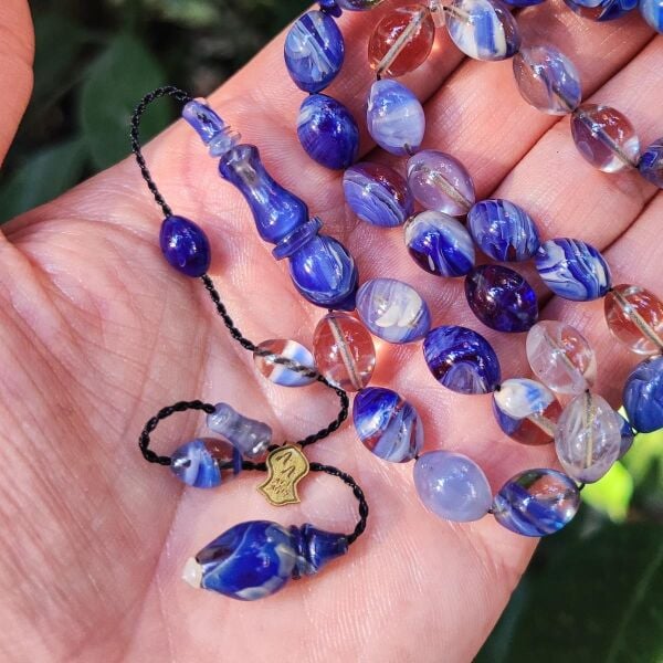 8x11 mm Ali Agiş Usta İşçilikli Mavi Şeffaf Ateşi Kehribar Tesbih - Şeffaf Delim Tespih