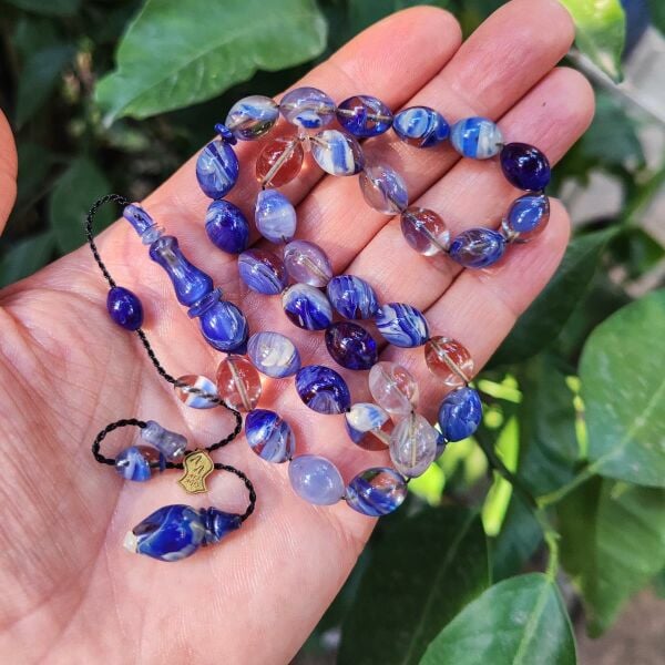 8x11 mm Ali Agiş Usta İşçilikli Mavi Şeffaf Ateşi Kehribar Tesbih - Şeffaf Delim Tespih