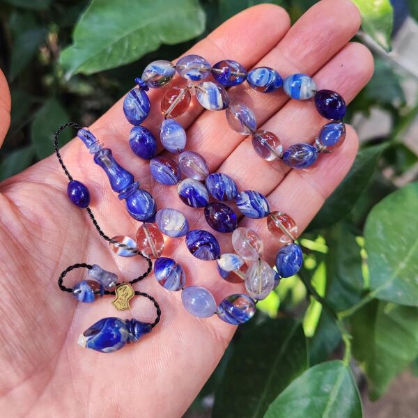 8x11 mm Ali Agiş Usta İşçilikli Mavi Şeffaf Ateşi Kehribar Tesbih - Şeffaf Delim Tespih