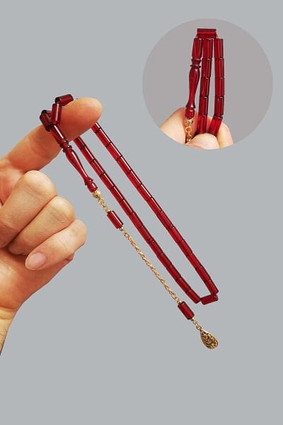 7*10 mm Kesme Kırmızı Ateşi Kehribar Tesbih Altın Kaplama Püsküllü Ok Gibi Kesme Ateş Kehribar