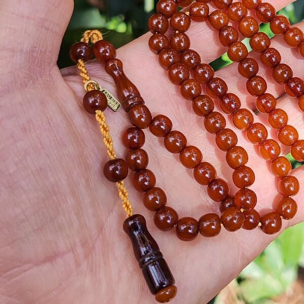 7 mm 99 Habbe Kahverengi Sıkma Kehribar Tesbih - Ebu Sırr İmzalı Namaz Tesbihi