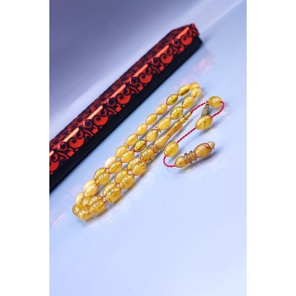 7x11 mm Beyzi Mustafa Uysal İmzalı Sarı Hareli Ateşi Kehribar Tesbih