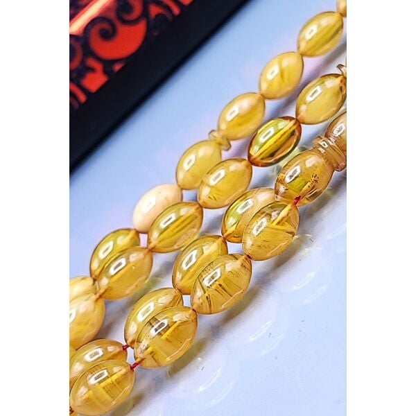 7x11 mm Beyzi Mustafa Uysal İmzalı Sarı Hareli Ateşi Kehribar Tesbih