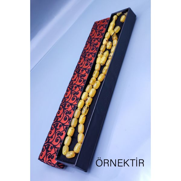 7x11 mm Beyzi Mustafa Uysal İmzalı Sarı Hareli Ateşi Kehribar Tesbih