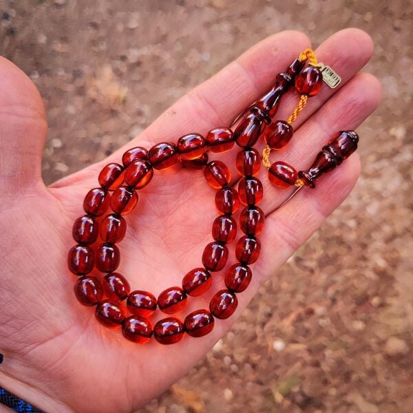 9x10 mm Tütün Rengi Çubuk Sıkma Kehribar Tesbih | Ebu Sırr Usta İmzalı Tespih