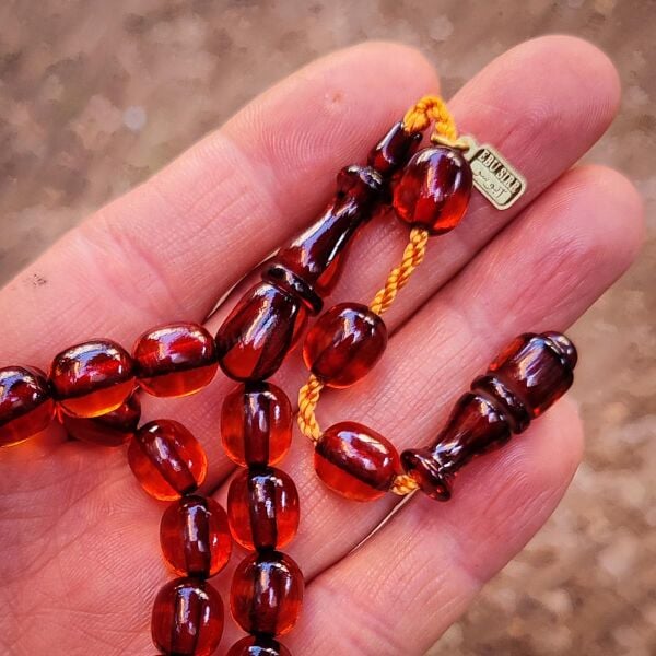 9x10 mm Tütün Rengi Çubuk Sıkma Kehribar Tesbih | Ebu Sırr Usta İmzalı Tespih