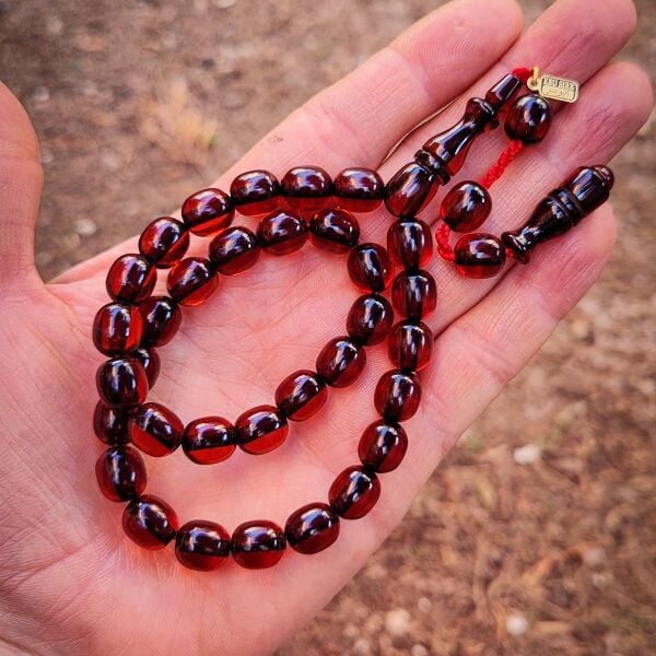 9x10 mm Vişne Çürüğü Çubuk Sıkma Kehribar Tesbih | Ebu Sırr Usta İmzalı Tespih