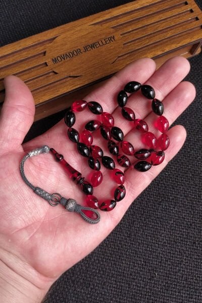 1000 Ayar Gümüş Kazazlı Ateşi Kehribar Tesbih, 7x11 mm Beyzi, Kırmızı Siyah Tespih, Ahşap Kutulu
