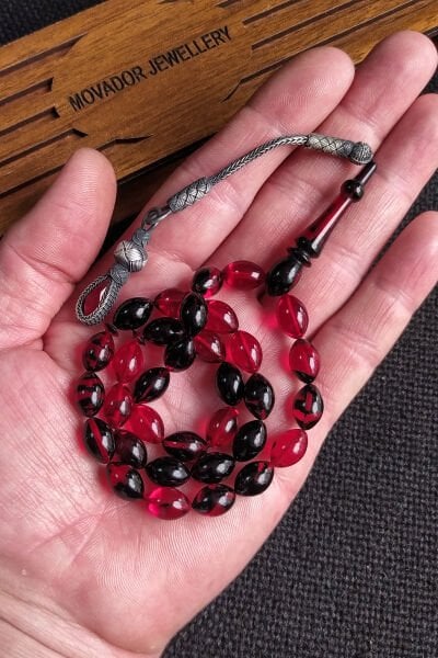 1000 Ayar Gümüş Kazazlı Ateşi Kehribar Tesbih, 7x11 mm Beyzi, Kırmızı Siyah Tespih, Ahşap Kutulu