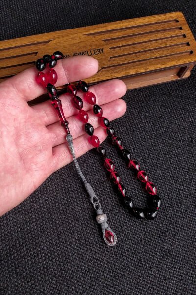 1000 Ayar Gümüş Kazazlı Ateşi Kehribar Tesbih, 7x11 mm Beyzi, Kırmızı Siyah Tespih, Ahşap Kutulu