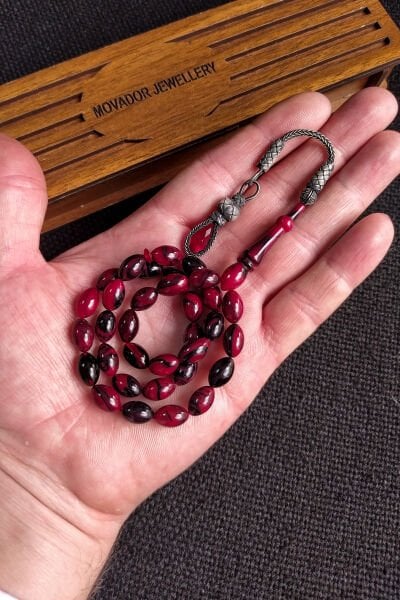 1000 Ayar Gümüş Kazazlı Kırmızı Siyah Katalin Tesbih, 7x11 mm Sıkma Kehribar Tespih, Ahşap Kutulu