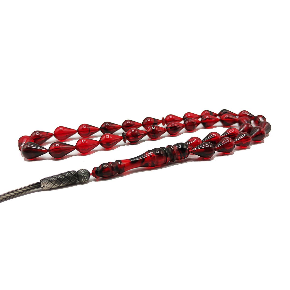1000 Ayar Gümüş Trabzon Kazaziye Kırmızı Siyah Ateşi Kehribar Tesbih 7*11 mm Damla Kesim Tespih