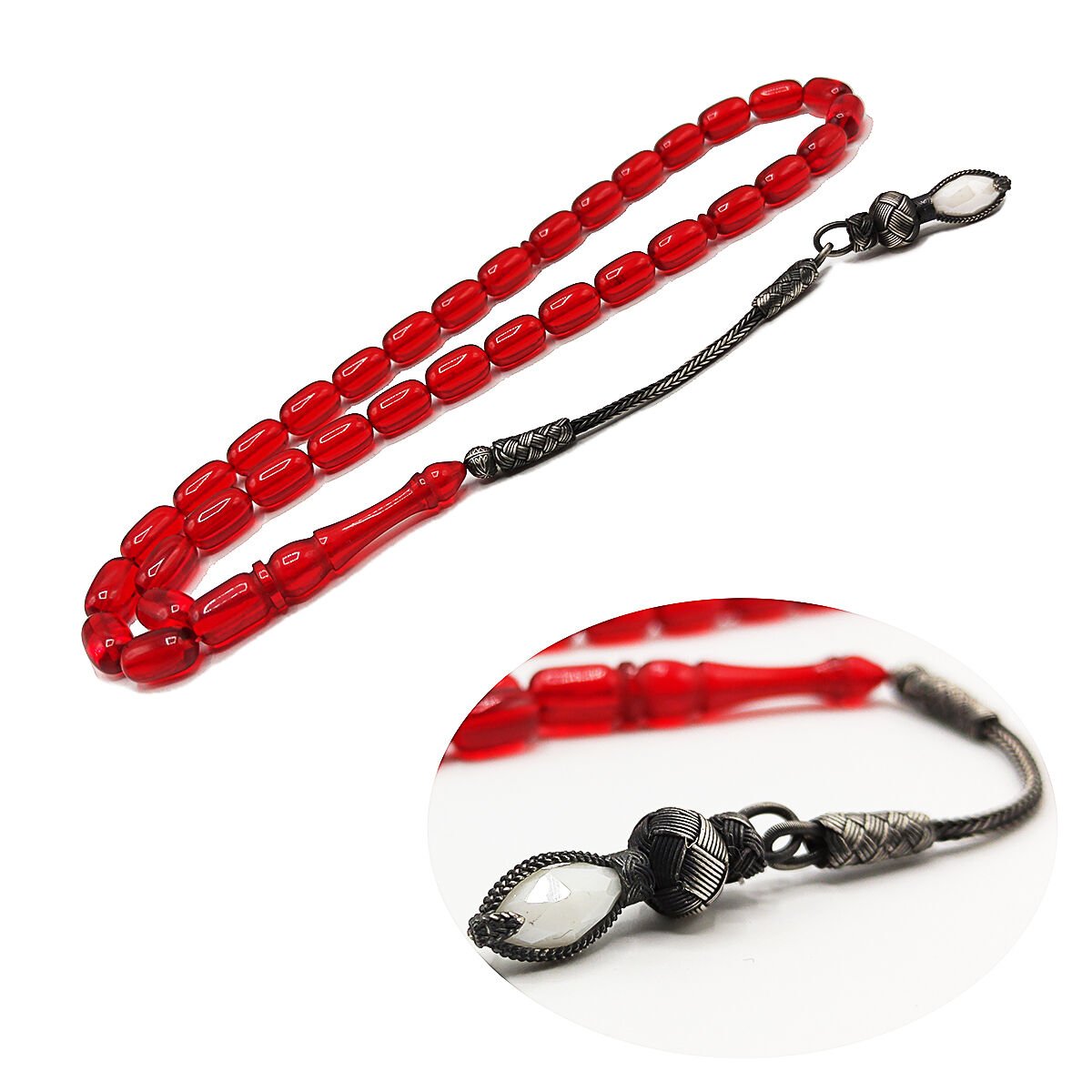 1000 Ayar Gümüş Trabzon Kazaziye Kırmızı Ateşi Kehribar Tesbih 7*11 mm Kapsül Kesim Tespih