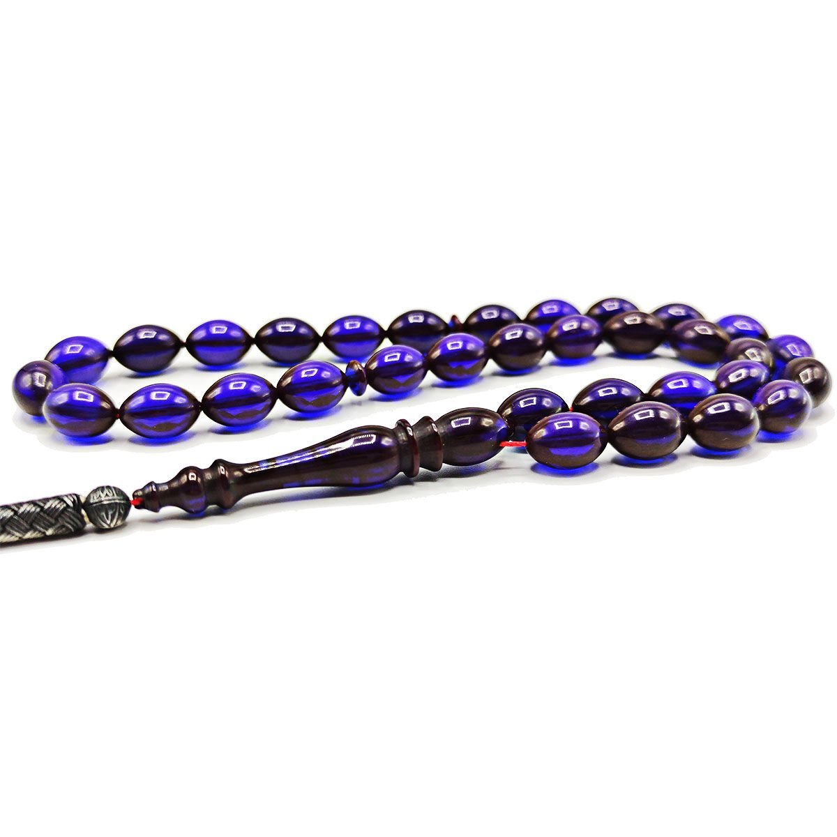 1000 Ayar Gümüş Trabzon Kazaziye Mavi Siyah Ateşi Kehribar Tesbih 7*11 mm Beyzi Kesim Tespih