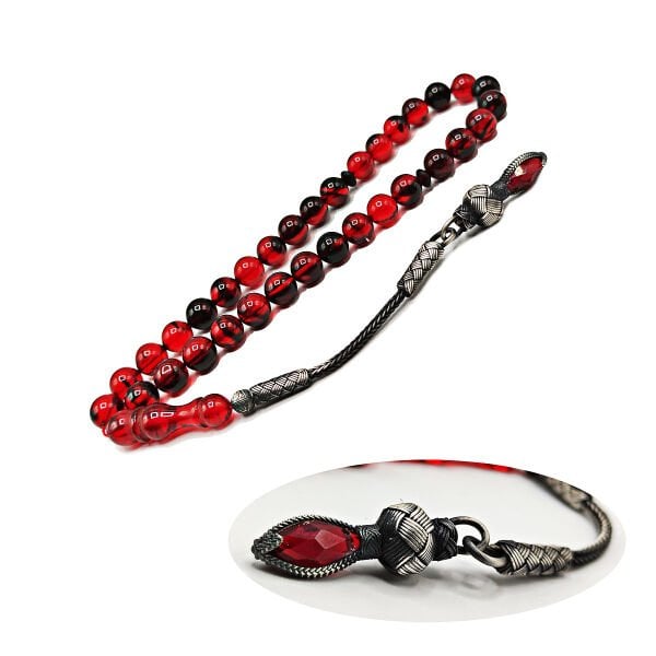 1000 Ayar Gümüş Trabzon Kazaziye Kırmızı Siyah Bilekboy Ateşi Kehribar Tesbih 8*8 mm Küre Tespih