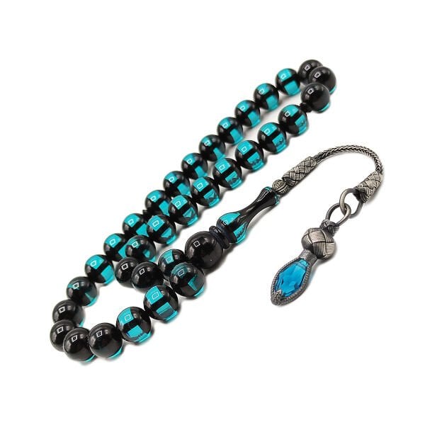 1000 Ayar Gümüş Trabzon Kazaziye Turkuaz Sürmeli Toz Kehribar Tesbih 10*10 mm Küre Kesim Tespih