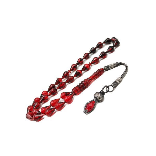 1000 Ayar Gümüş Trabzon Kazaziye Kırmızı Siyah Ateşi Kehribar Tesbih 7*11 mm Damla Kesim Tespih