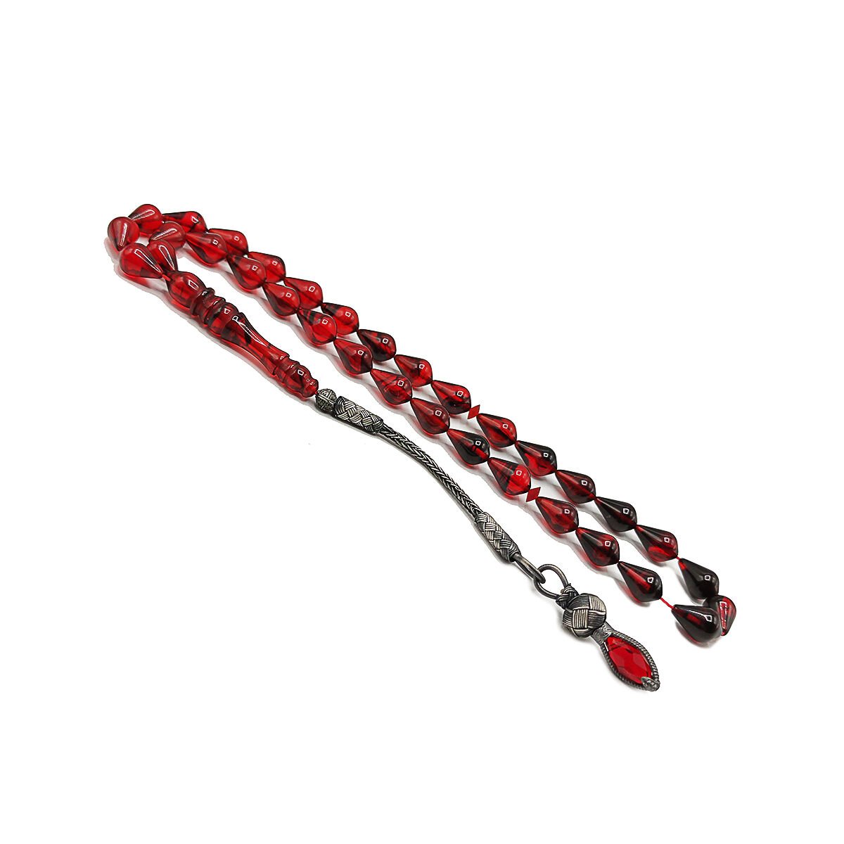 1000 Ayar Gümüş Trabzon Kazaziye Kırmızı Siyah Ateşi Kehribar Tesbih 7*11 mm Damla Kesim Tespih