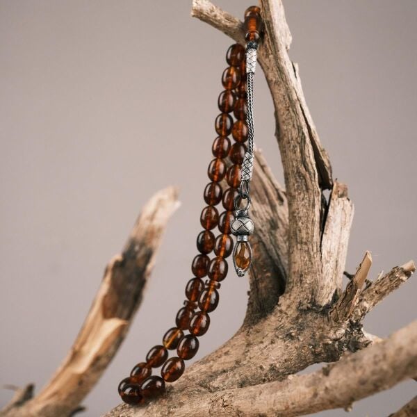 14 Gram Fosilli Baltık Damla Kehribar Tesbih - 1000 Ayar Gümüş Trabzon Kazaz