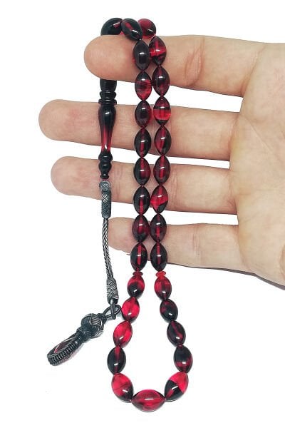 1000 Ayar Gümüş Trabzon Kazaziye Ateşi Kehribar Tesbih Kırmızı Siyah 7*11 mm Beyzi Kesim Tespih Renk Alma Garantili